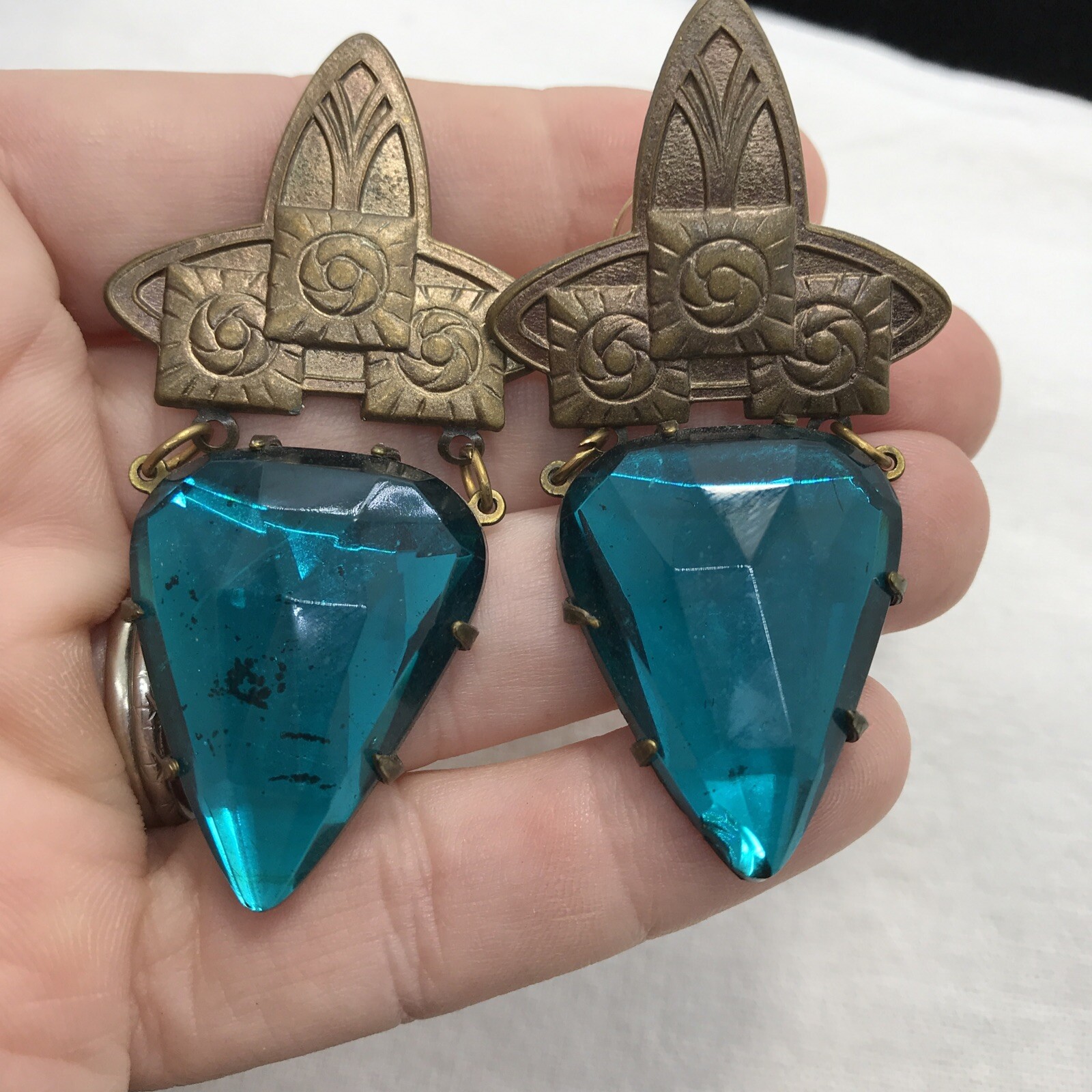 Vintage Glass Works Studio Teal Color Glass & Brass tone Pierced Earrings