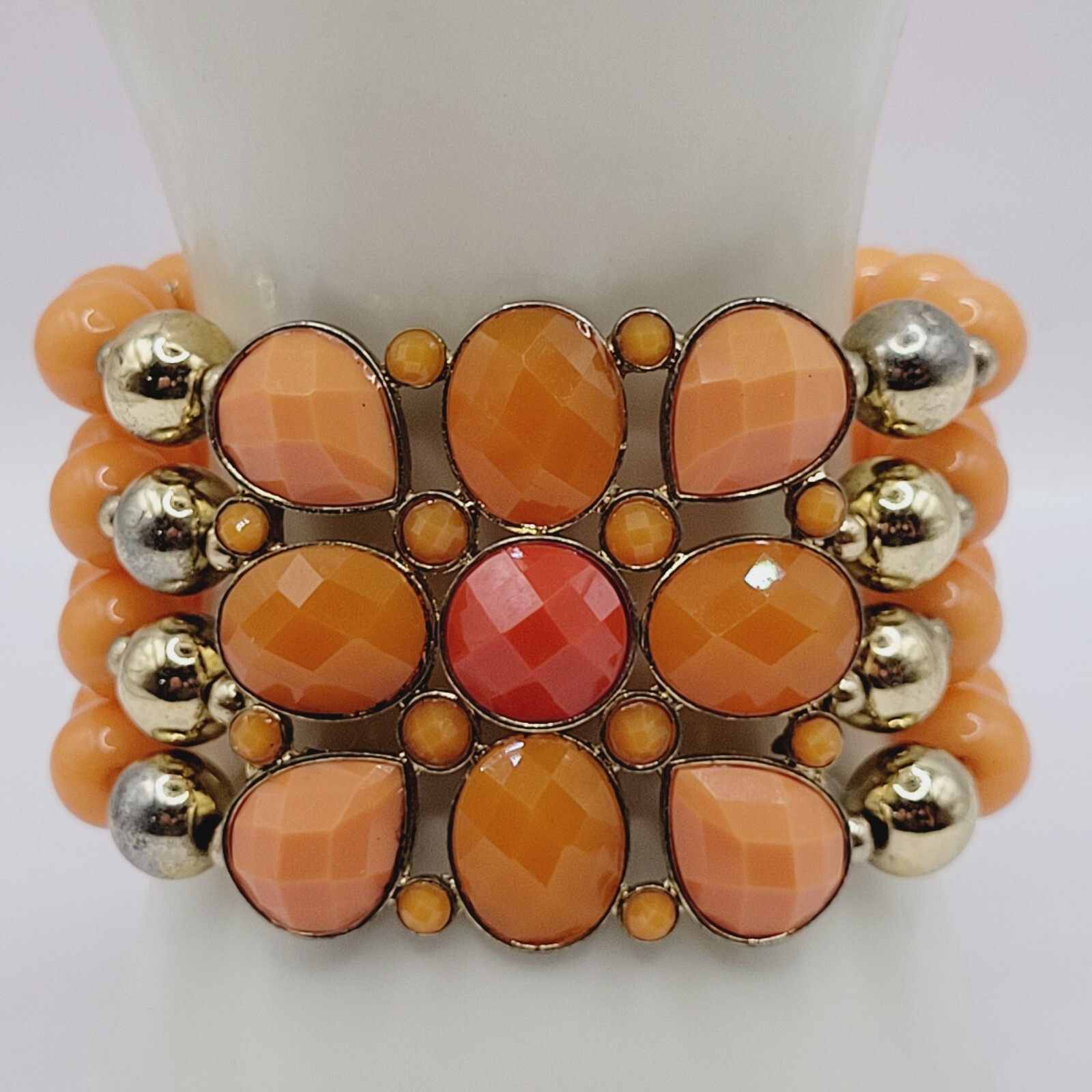 Orange Sherbet Melon Shade Wide Chunky Stretch Beaded Bangle Vintage Bracelet