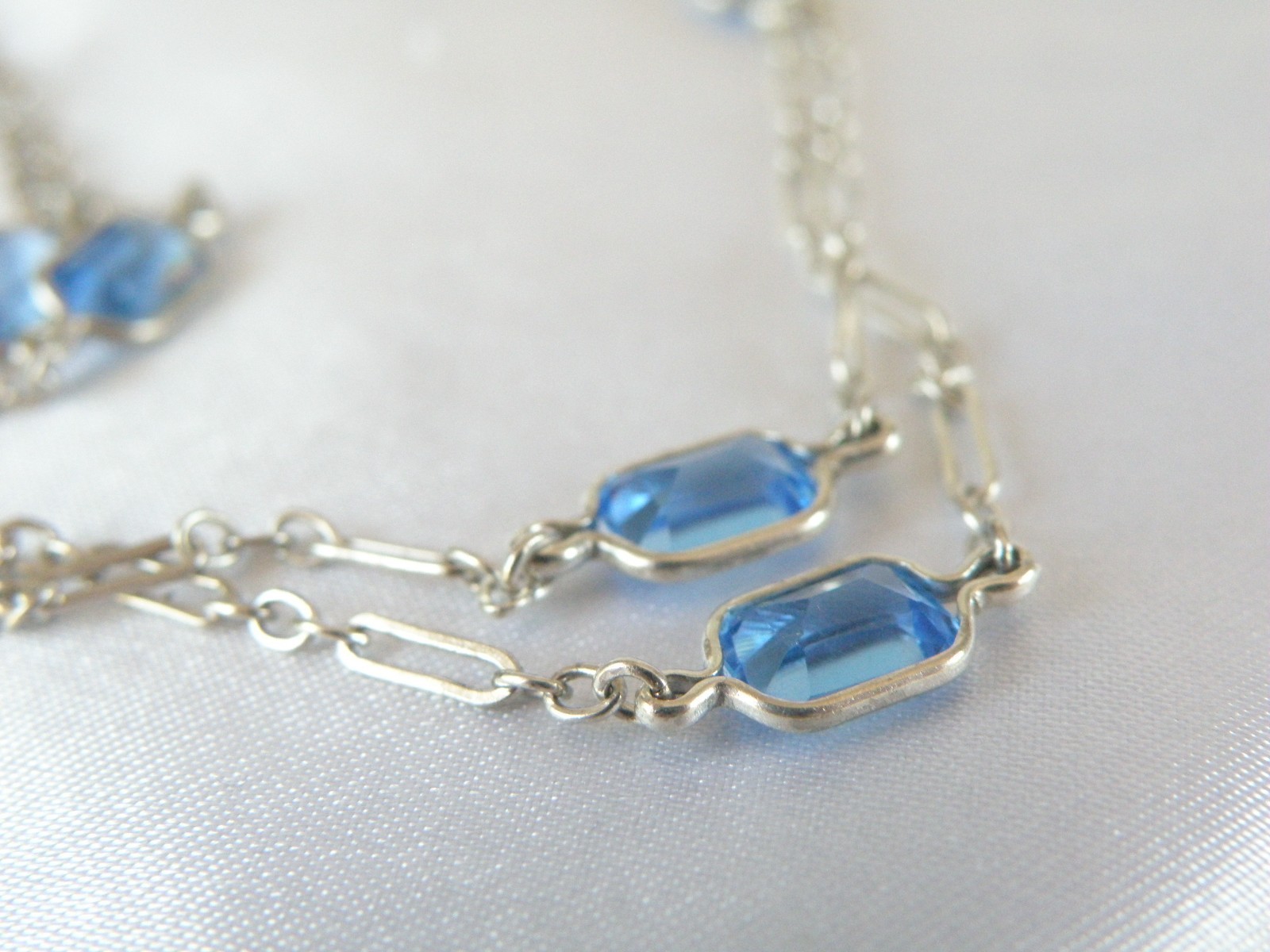 Antique Sterling Silver 925 Blue Gemstone Station Vintage Paperclip Necklace 25″