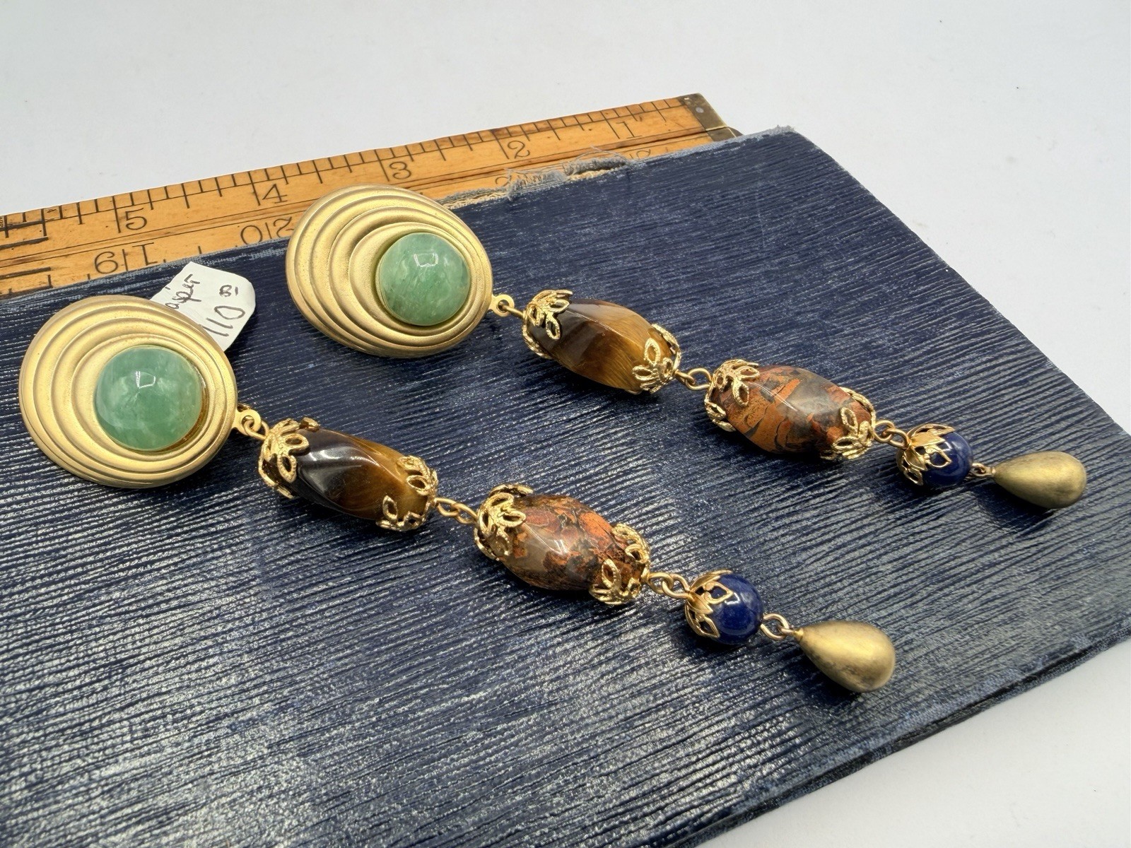 Vintage Gold Green Red Brown Long Gemstone Bead Dangle Earrings RO-DO NOS PY