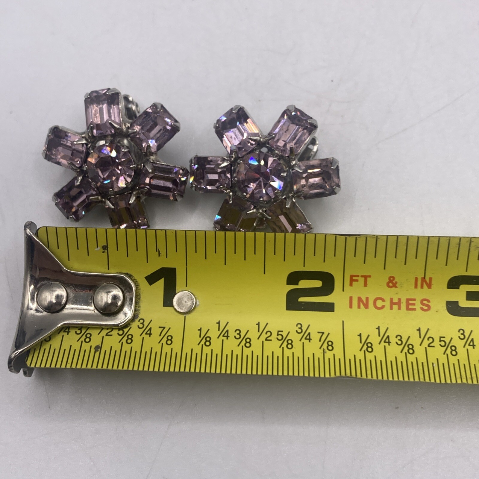 Vintage WEISS Emerald Cut Rare Pink Rhinestone Clip On Earrings 7 Stones, Signed