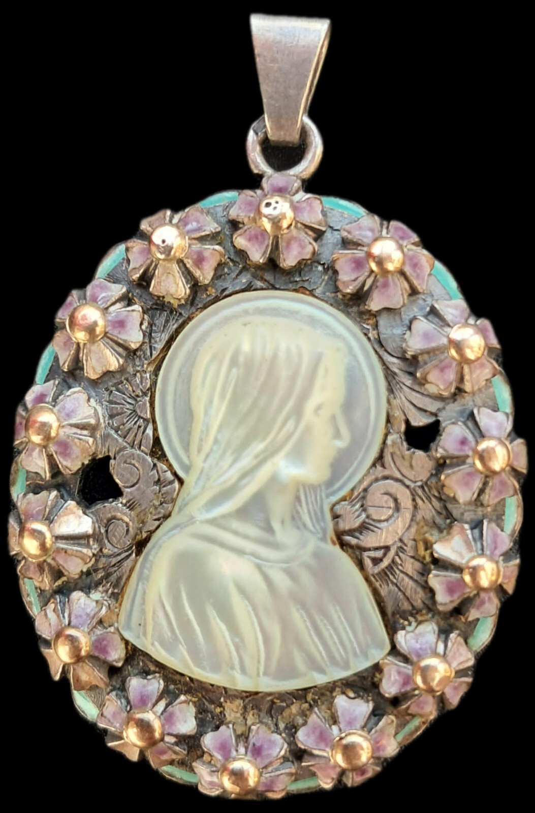 Fine Antique European Art Deco Gold Silver Enamel MOP Virgin Mary Pendant C1900
