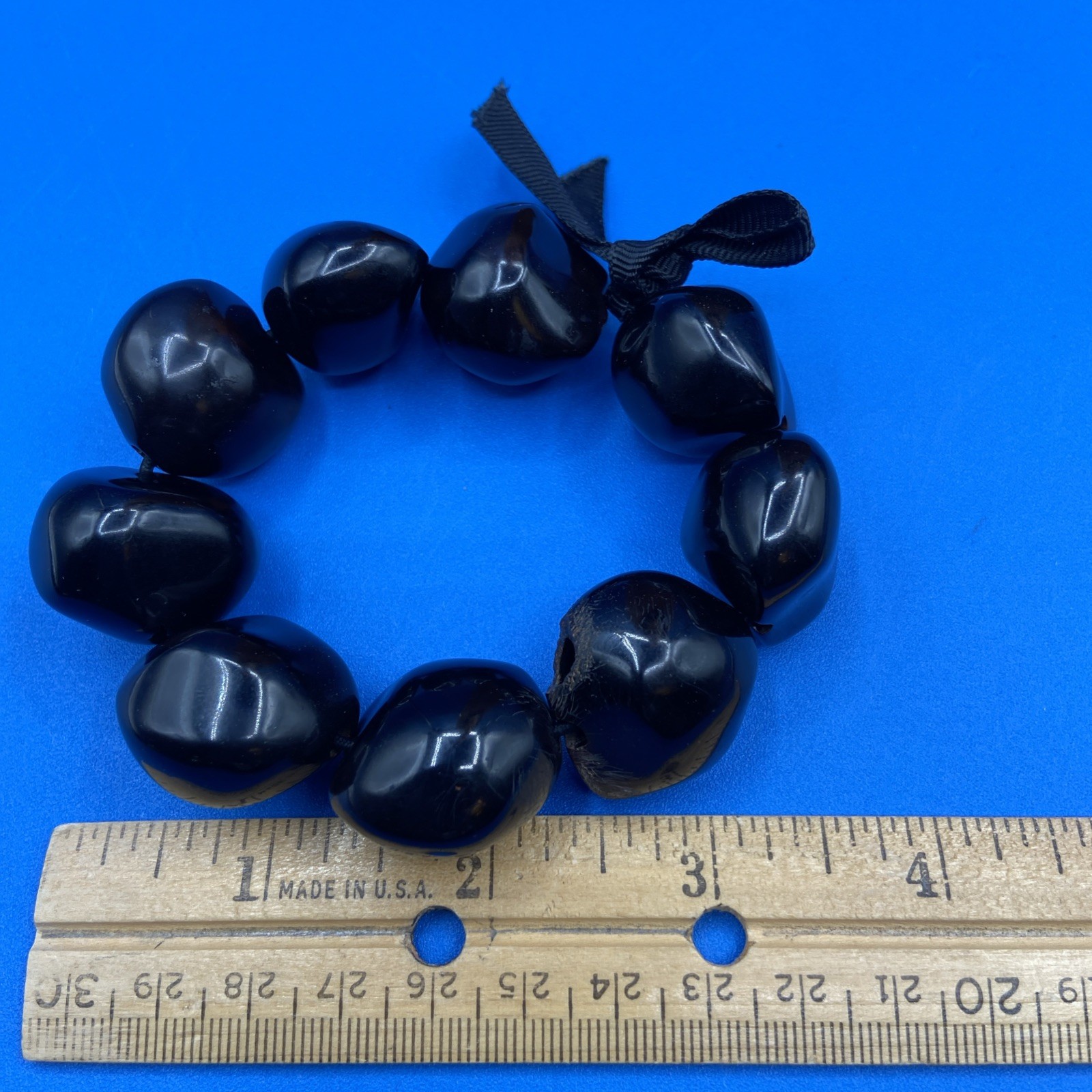 NECKLACE BRACELET vintage Set Hawaii large Kukui Nuts brown black 28″ ribbons