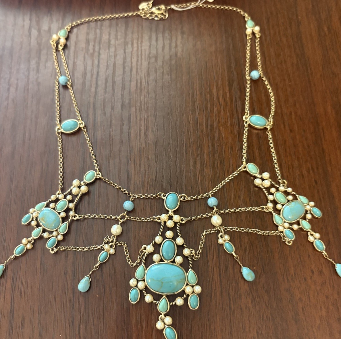 Monet Festoon Necklace Gold Tone, Faux Pearl Victorian Revival Design 15”