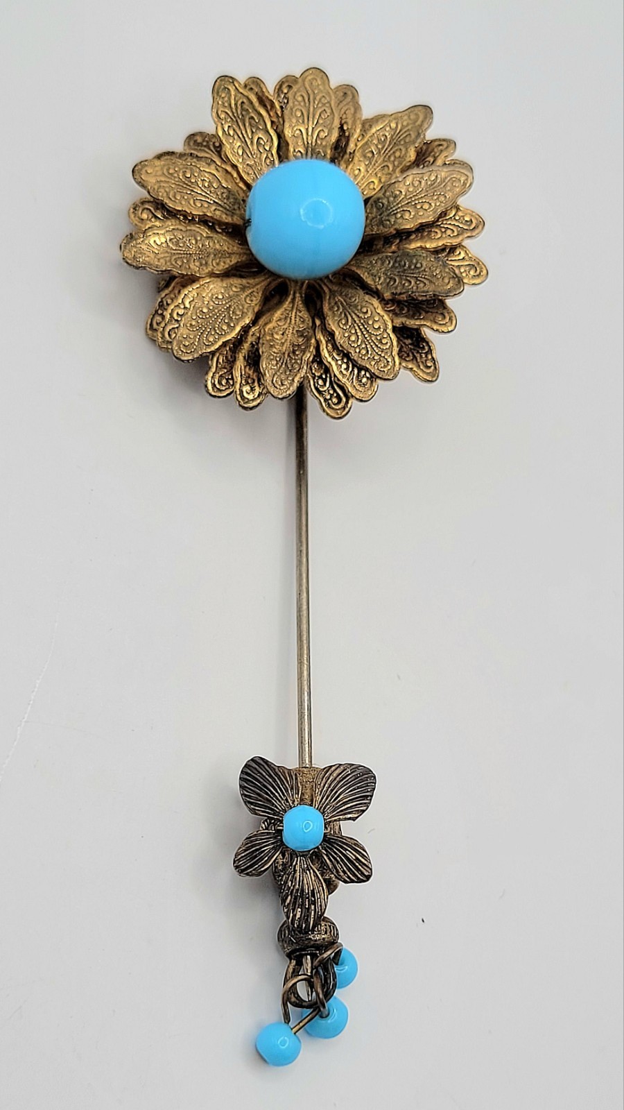Vtg Miriam Haskell Rhinestone Turquoise Blue Glass Beaded Flower Runway Pin