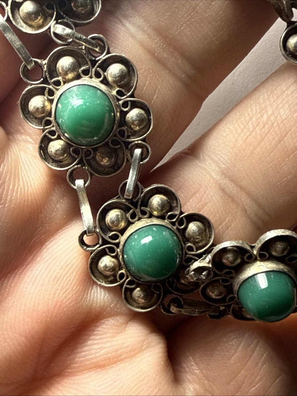 bracelet Taxco Mexico 980 Silver Better Than 925 Sterling Green Onyx Vintage 7.5