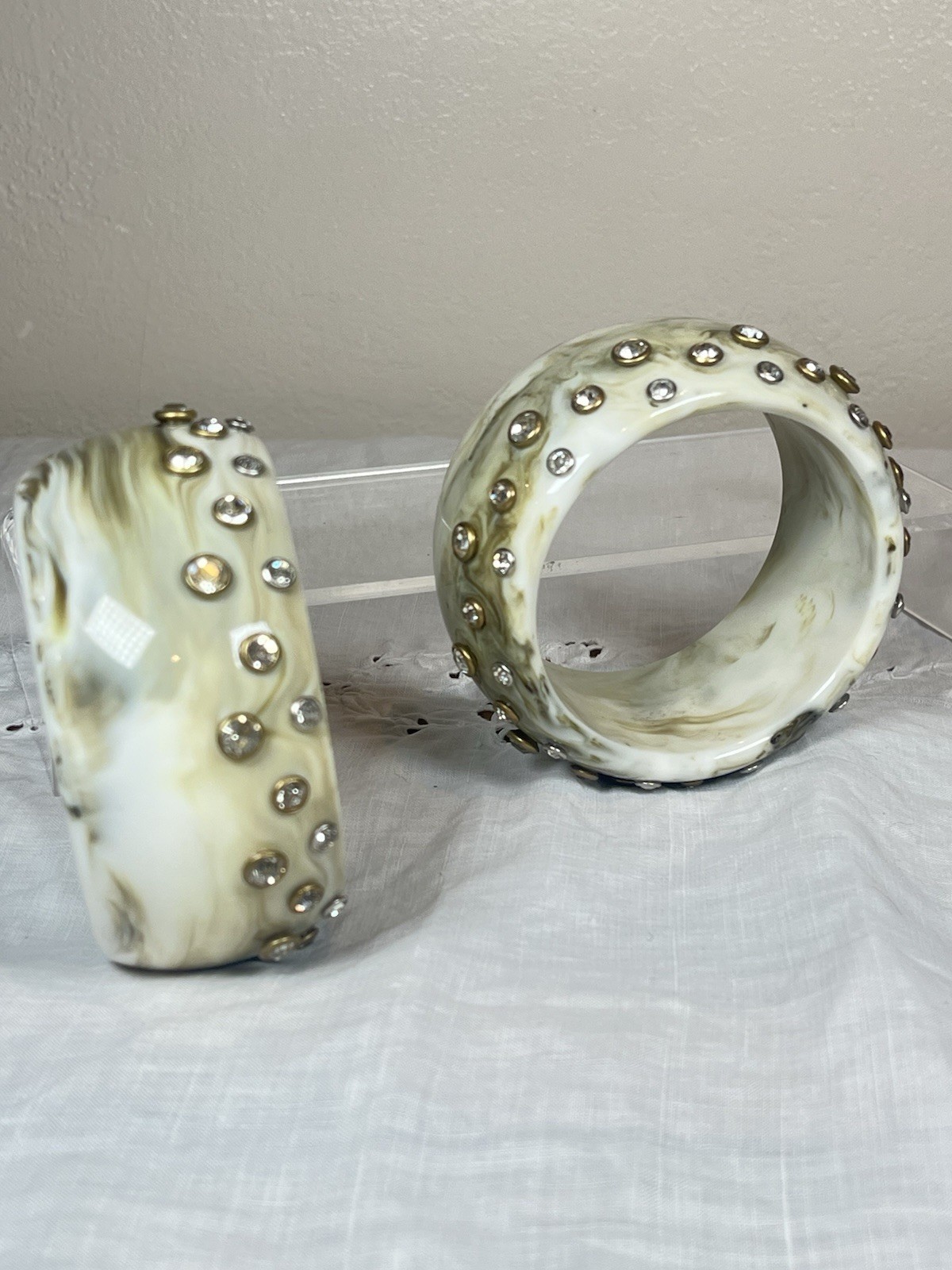 Lot of 7 Chunky Lucite Bangle Bracelets, Clamper, Rhinestones, Earthtones