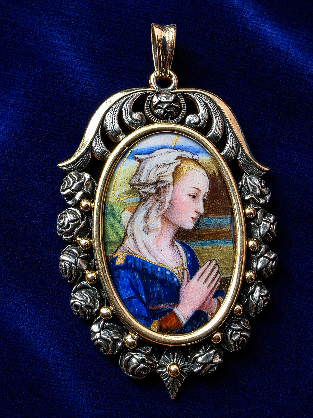 Antique Art Nouveau Silver & 18K Gold Enamel Virgin Pendant Hand Painted Medal