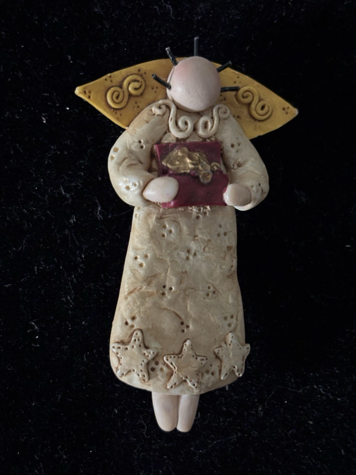 Handmade Angel Pin Brooch,, Gold Wings, Holding Gold Coin To Chest. Vintage
