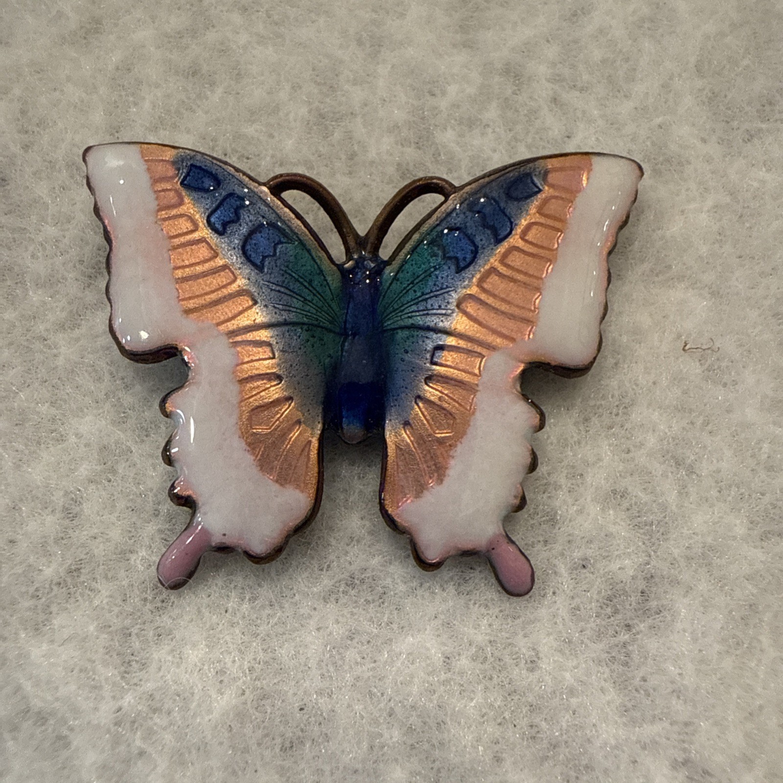 Vintage Copper Metal Finish Enamel Butterfly Pin Blue and White