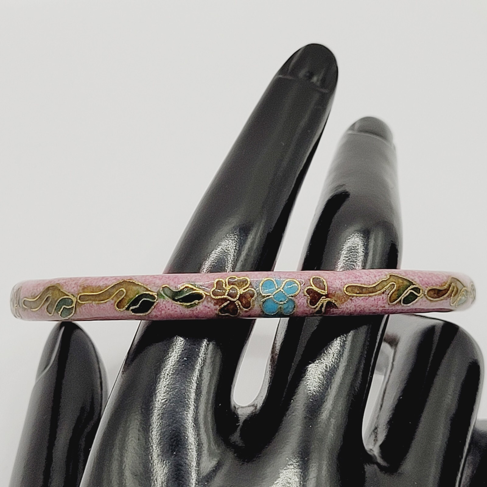 Cloisonné Asian Inspired Rose Mauve Color Floral Hand Painted Bangle Bracelet