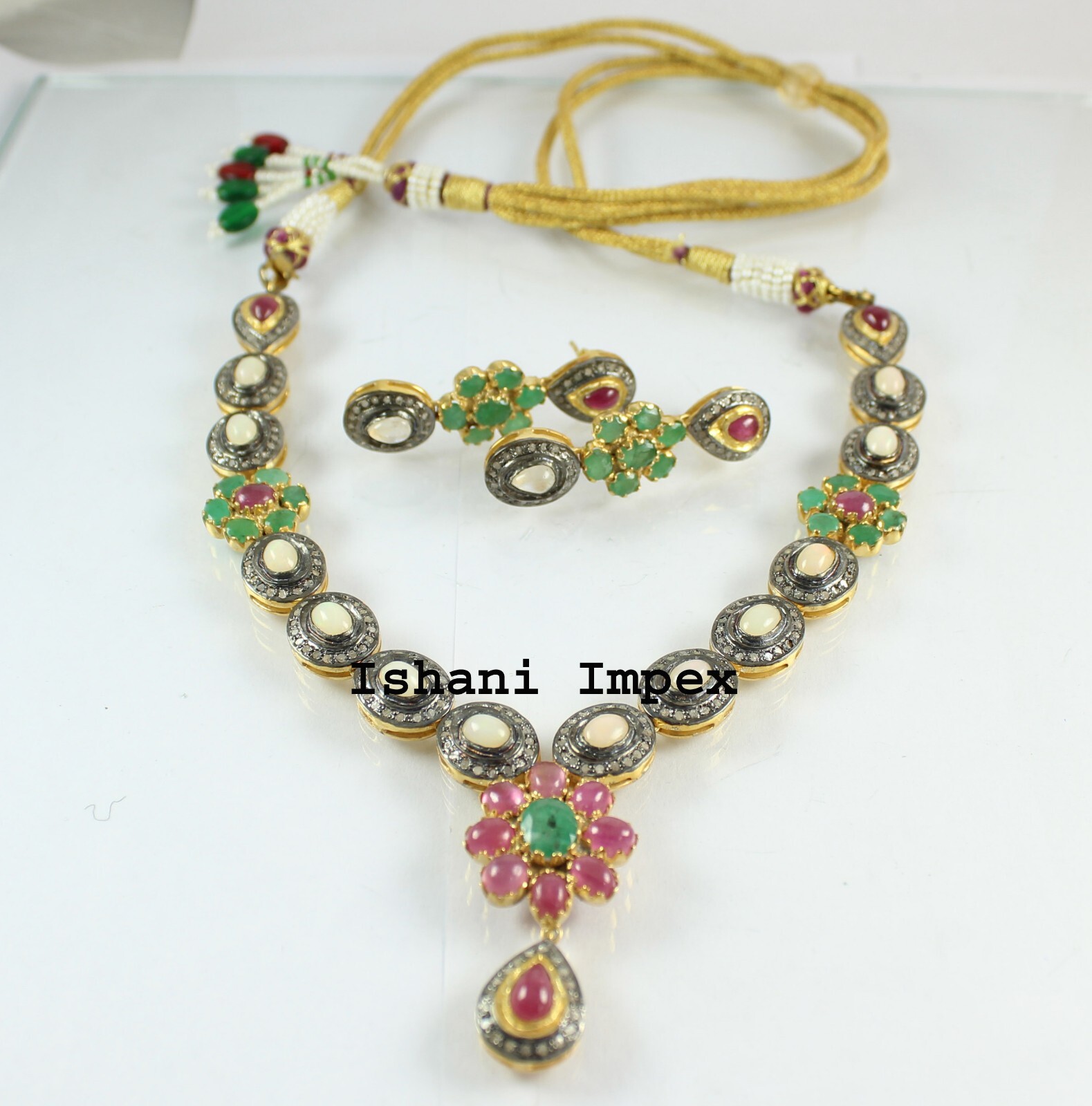 Natural RoseCut Diamond & Ruby, Emerald, Opal 925 Sterling Silver Necklace