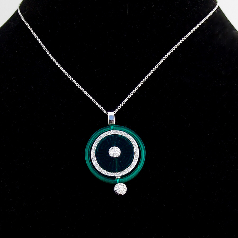 Chinese Circle Symbol Pendant Diamonds 14K White Gold Green Ceramic