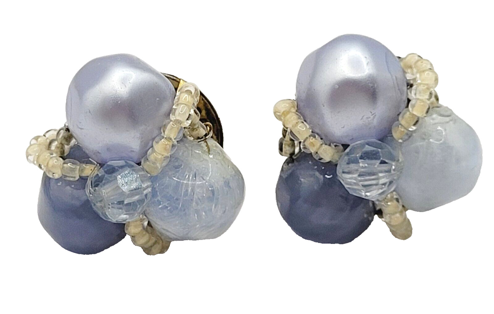 Blue Tones Lucite and Seed Bead Cluster Clip On Earrings 1950s 1960s W Germany