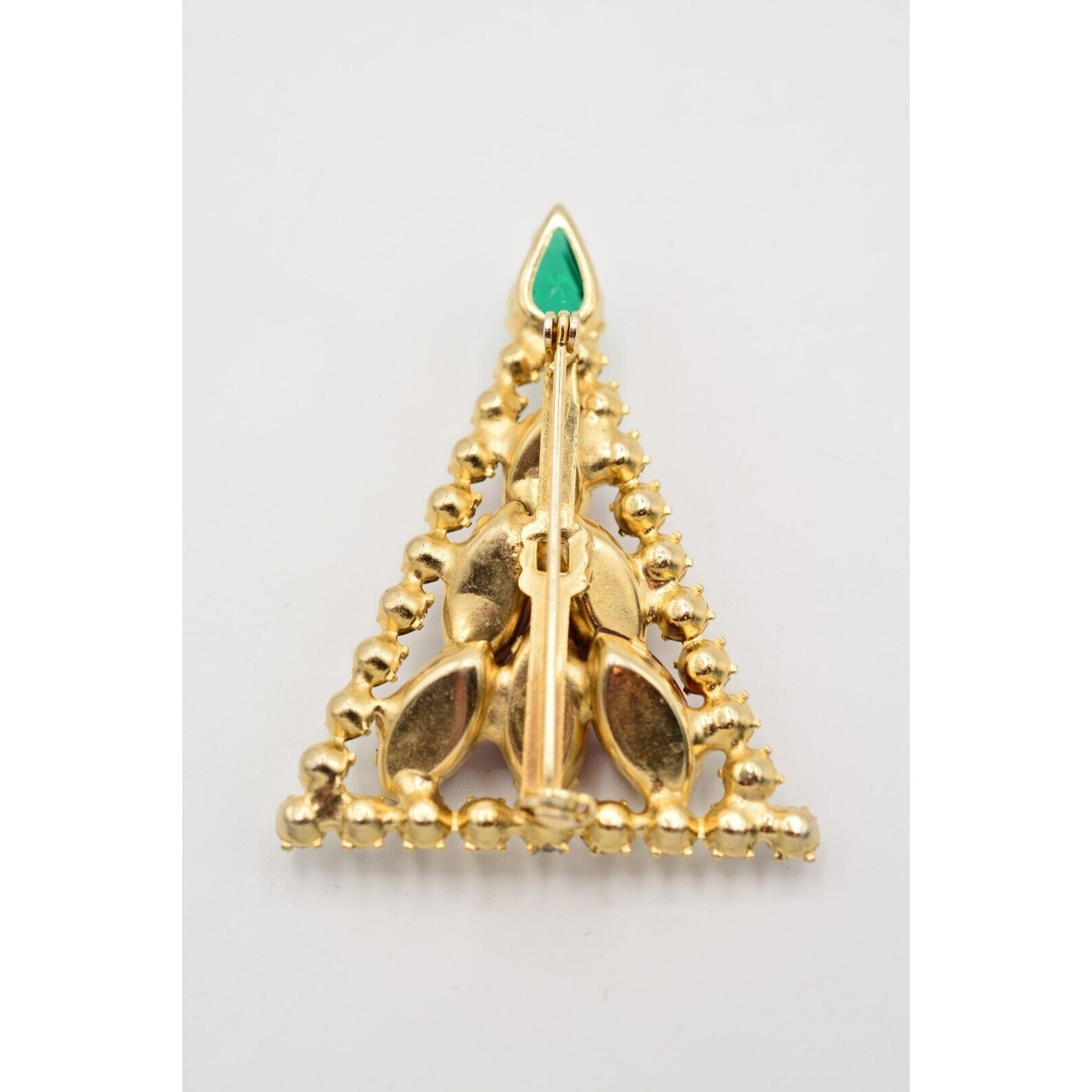 Vintage Crystal Christmas Tree Brooch Gold Green Red Marquise Rhinestone BinB