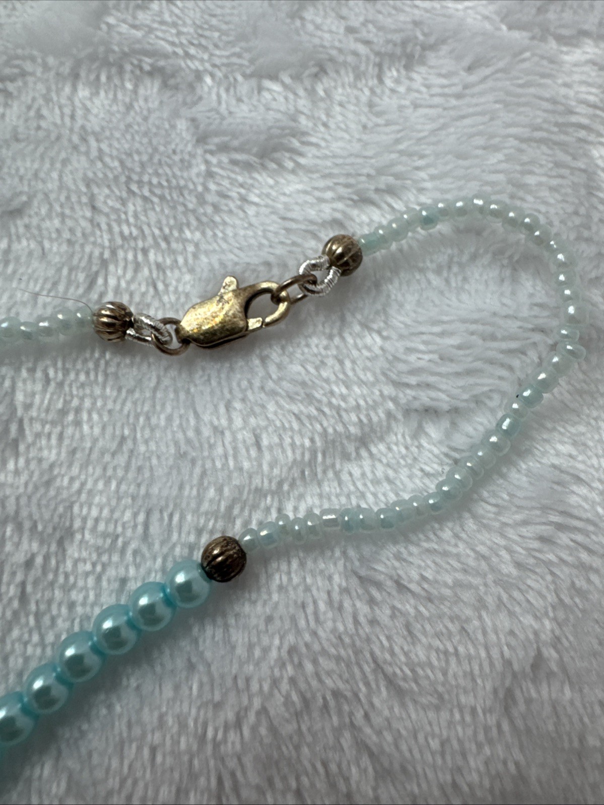 Vintage Light Blue Teal Gold Pearlescent Murano Art Glass Rose Beaded Necklace