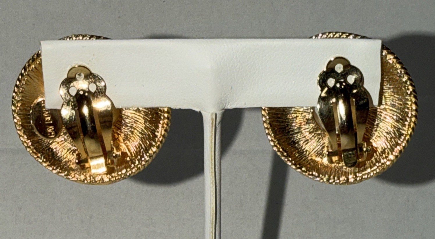 Vintage Gay Boyer Green Enamel Faux Pearl Gold Accent Clip-On Earrings