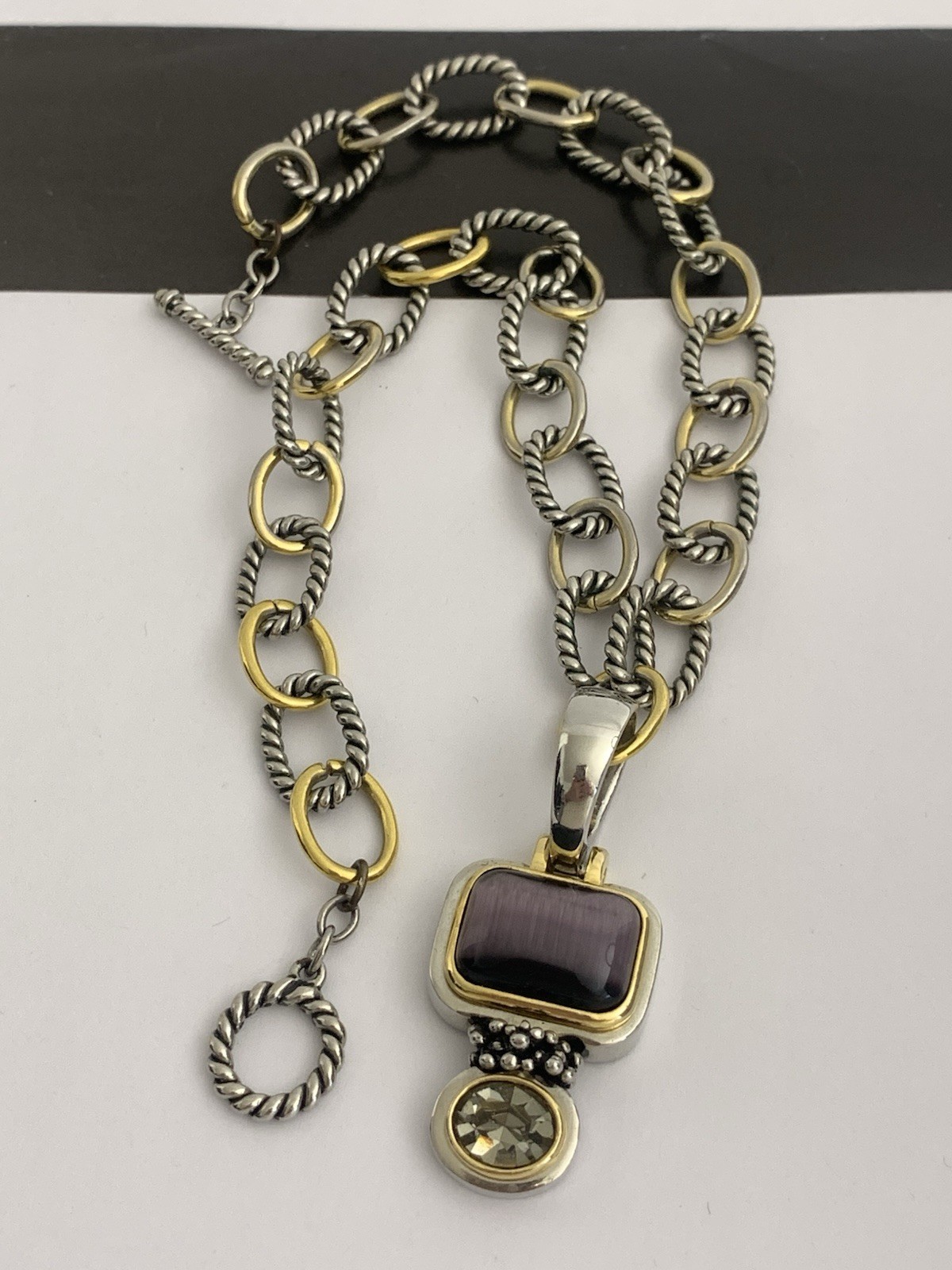Vintage Silver and Gold Tone Cable Chunky Chain Necklace w/ Purple Stone Pendant