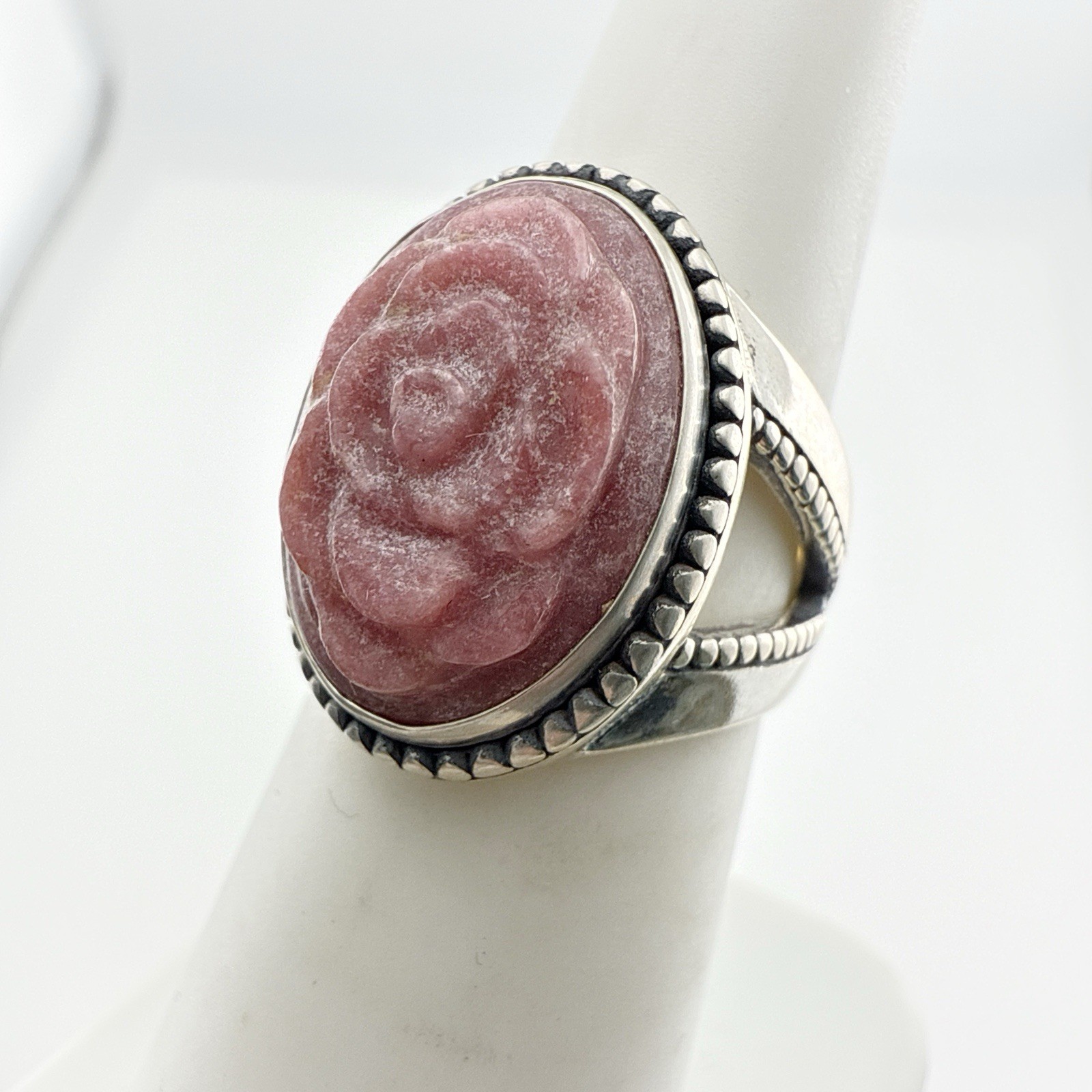Carolyn Pollack Ring Pink Rhodonite Rose Floral Flower Carved 6 Sterling Silver