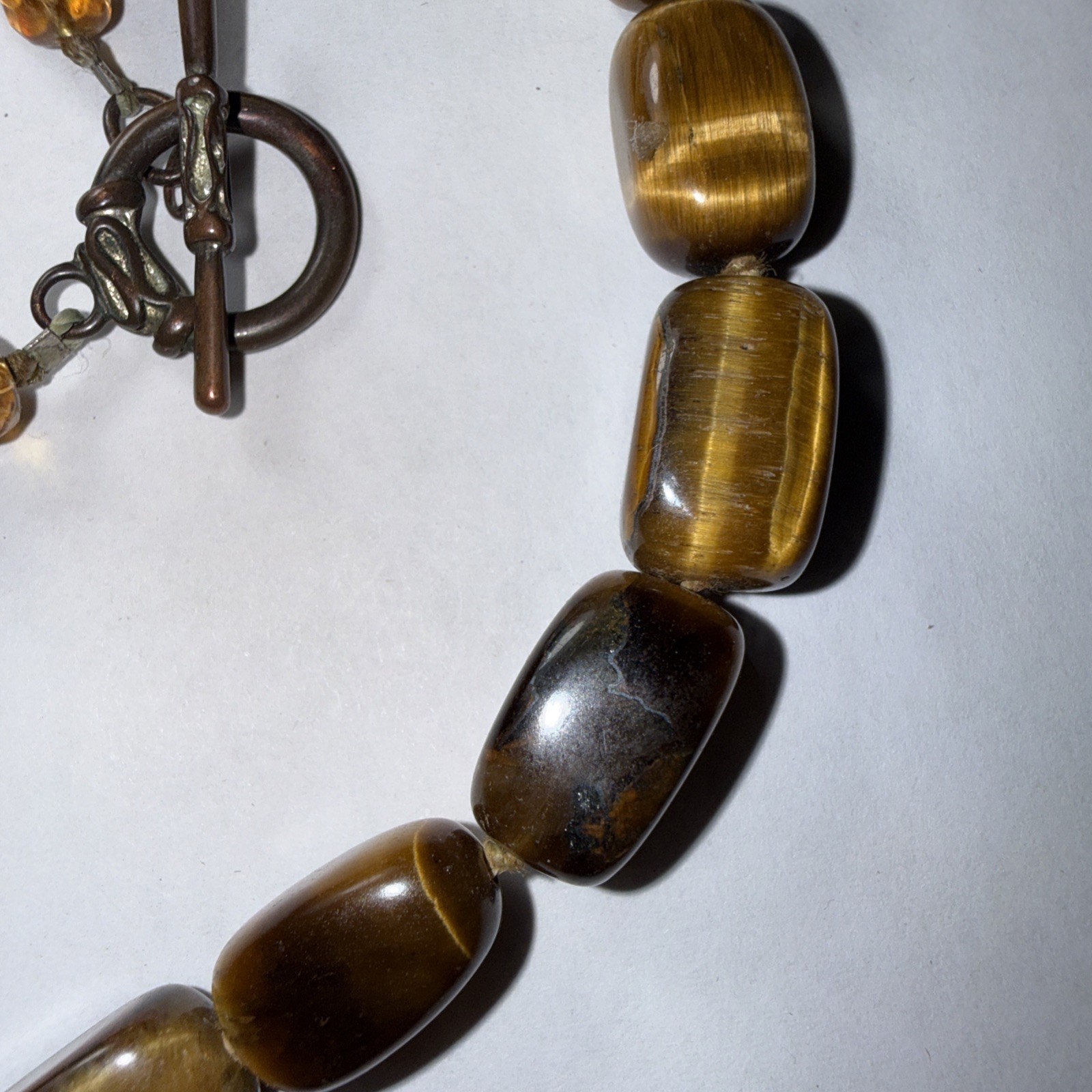 Necklace Big Jade Pendant Big Tigers Eye Beads Faceted Citrine Crystal 17” Old