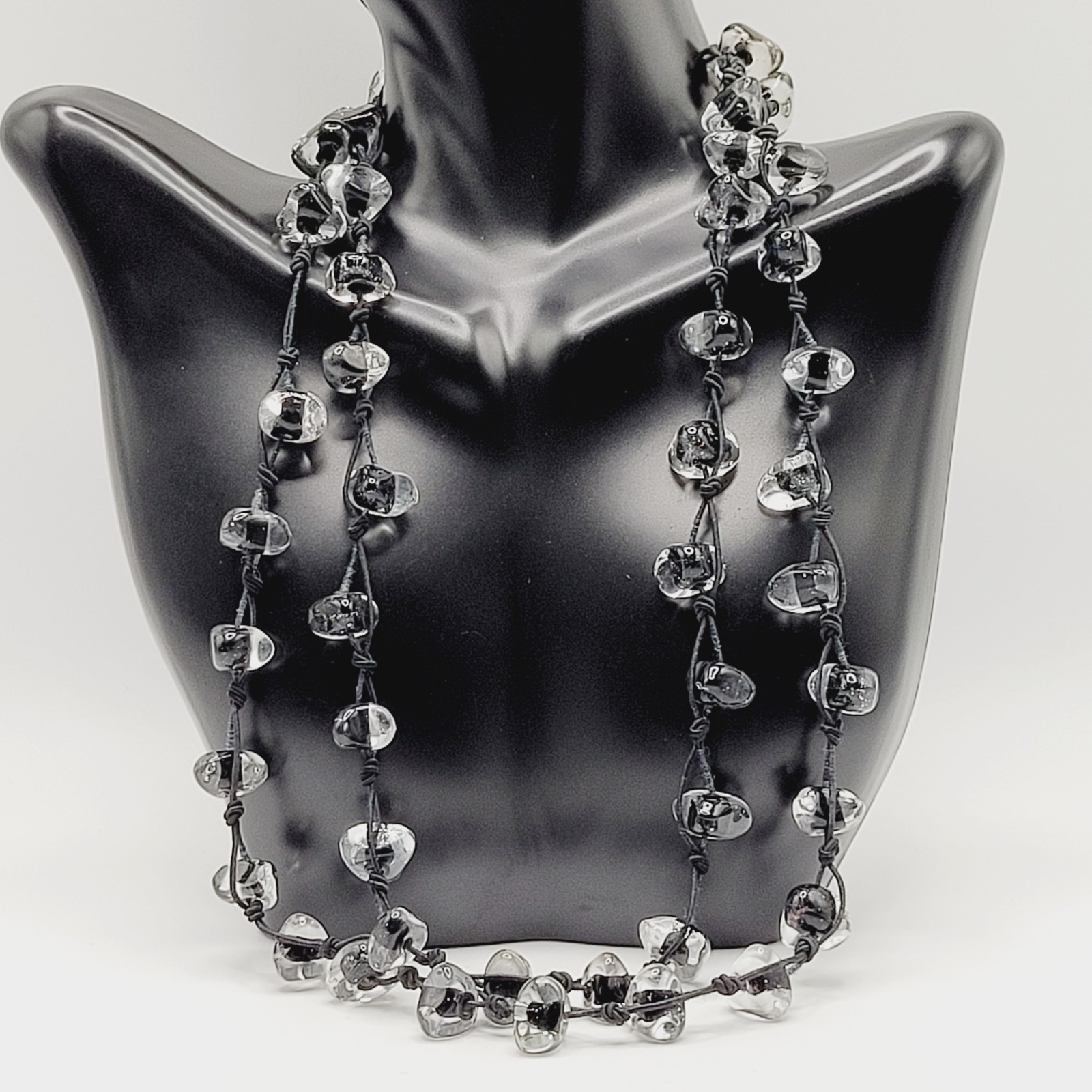 Art Glass Clear Ice Pebble Bead Hand Knot Black Thread Single Strand Necklace