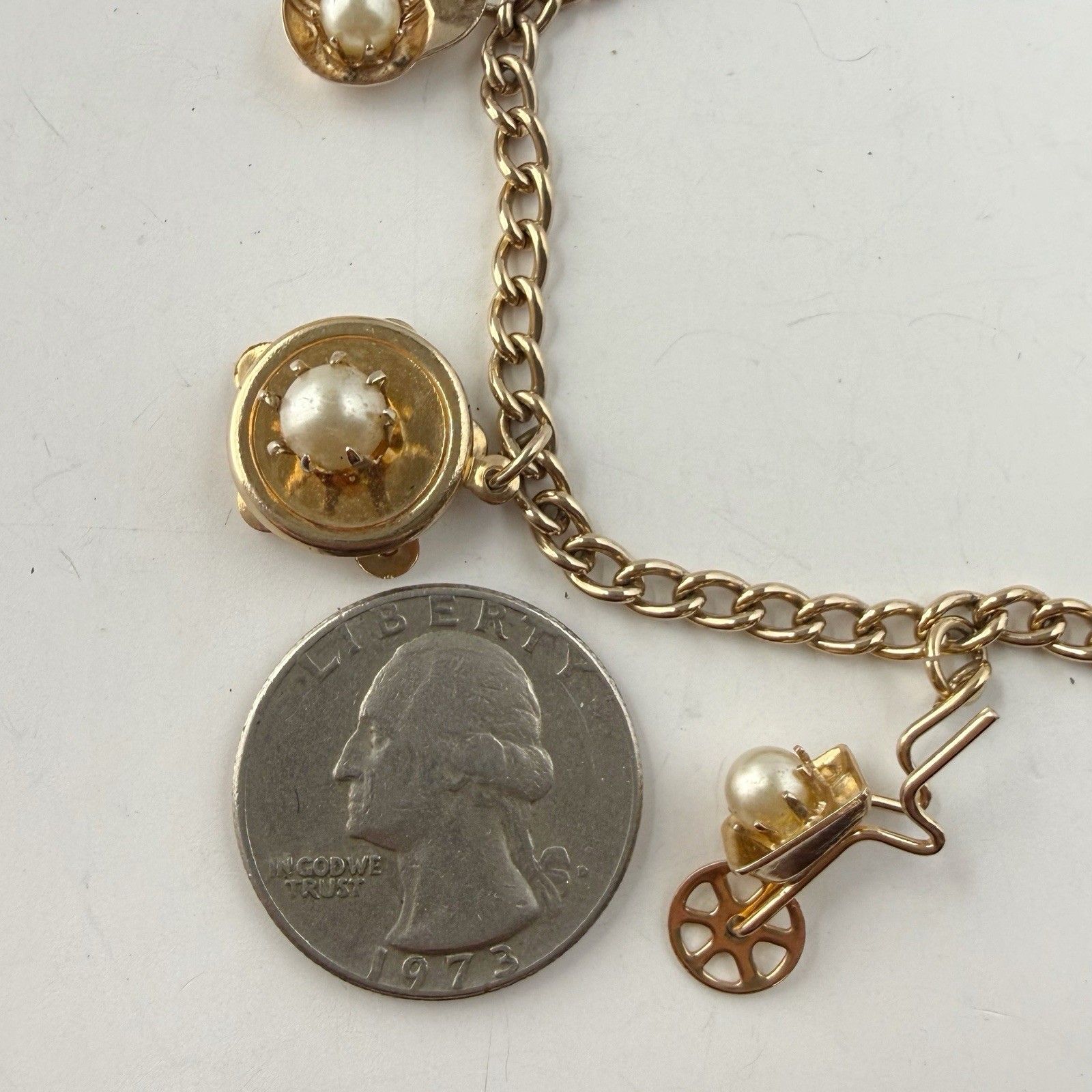 Vintage Charm Faux Pearl Chain Bracelet Tambourine Wheelbarrow Heart Etc