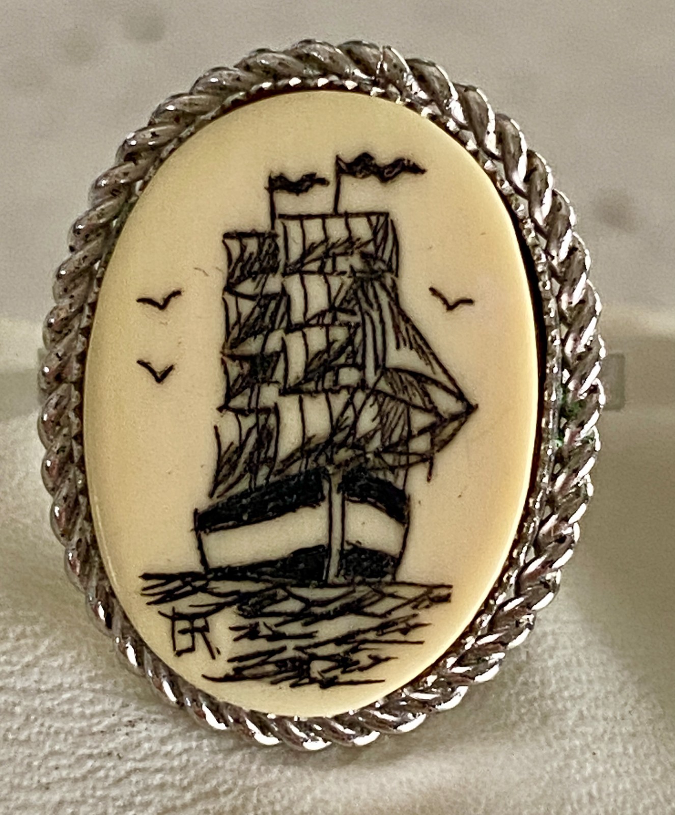 Vintage Sailing Ship Sterling Silver Ring Size 6.5 Maritime Oval Ladies