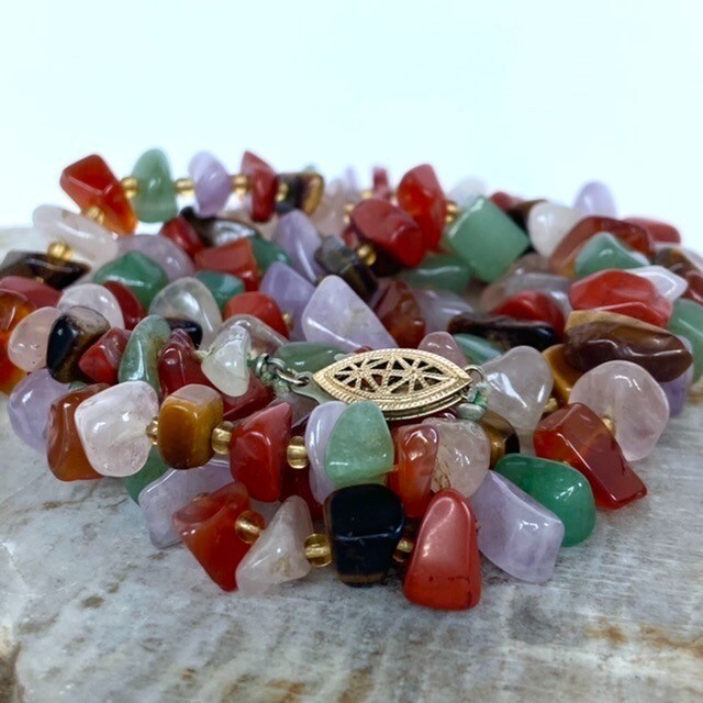 VTG Multi Gemstone Beaded 29″ Necklace 14K 1/20 Gold Filled Fish Hook Clasp