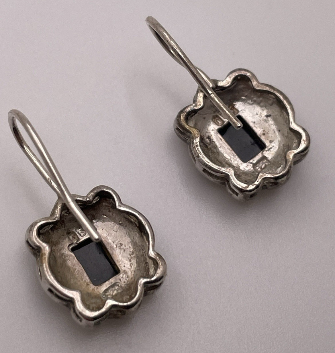 Vintage Sterling Silver 925 Onyx Marcasite Hook Earrings Dee Berkley DBJ 7/8”