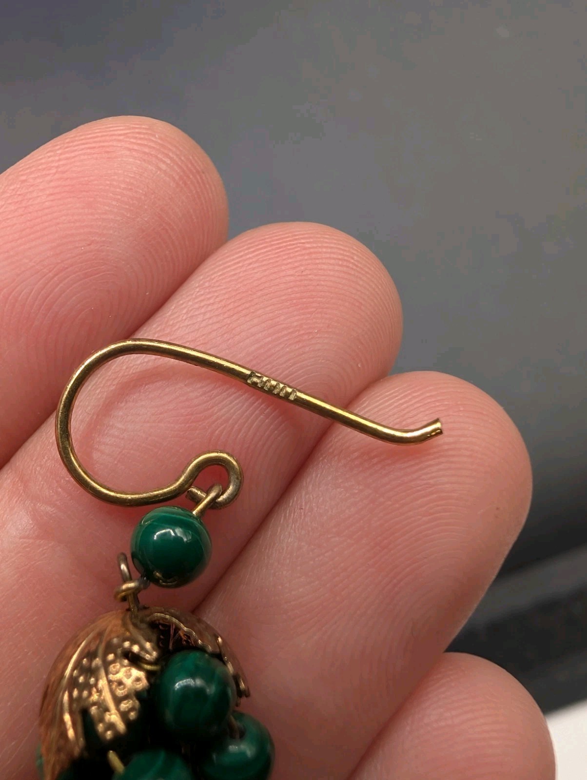 800 Silver Marked Gold Tone Malachite Round Beaded Cluster Grapes Earrings