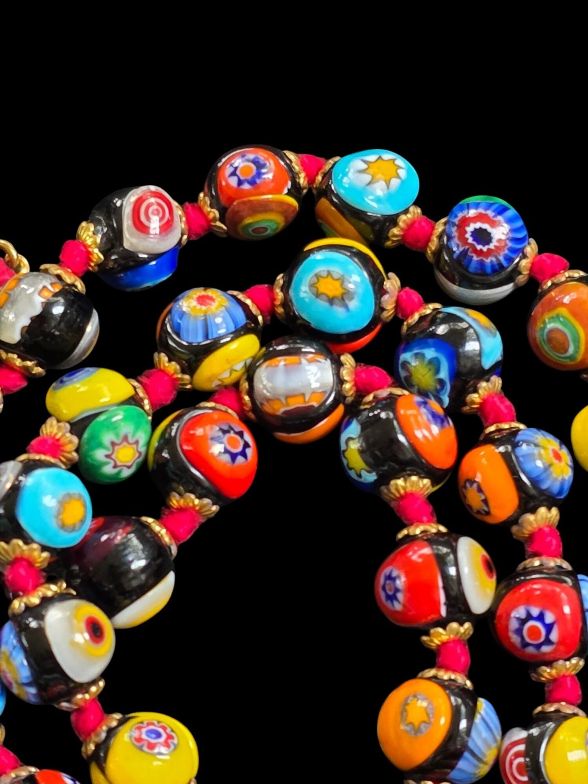 Vintage Multi Color Murano Millefiori Venetian Art Glass Round Beads Hand Knot
