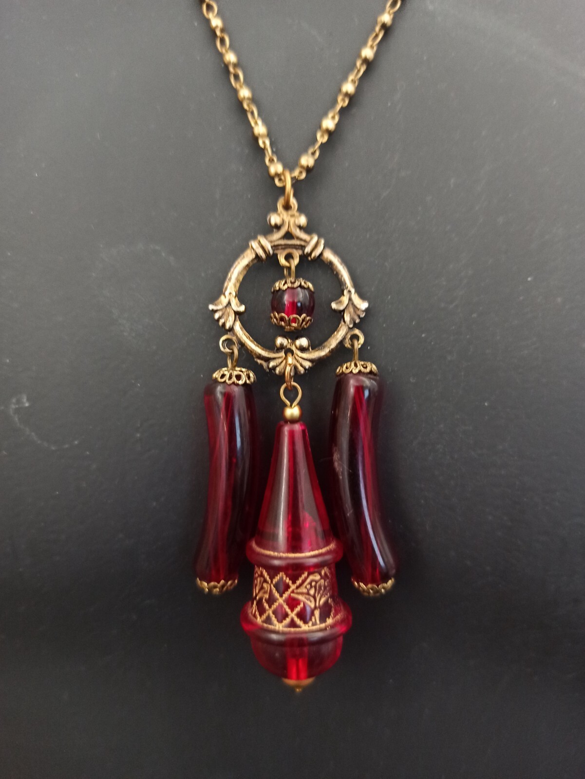 Vintage Red Necklace Rosary Beaded Tassel Long Lucite Art Deco Revival 23″ Boho