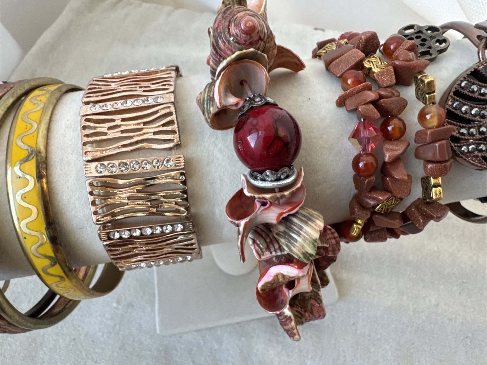 14 Bracelets earthtones glass beads shell textured Goldstone Lot boho 90s hippie