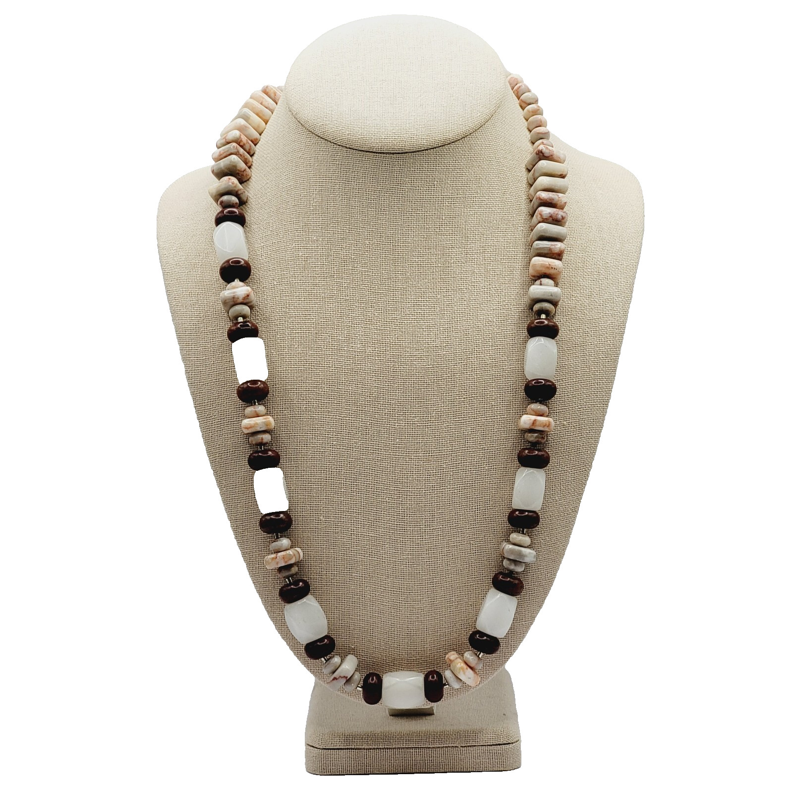 Southwest Style Crafted Brown Hued Jasper with White Quartz Silver Tone Necklace