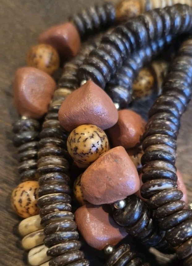 Vtg Artisan Handcrafted Triple Strand Earth Tone Beaded Necklace, Hook Closure
