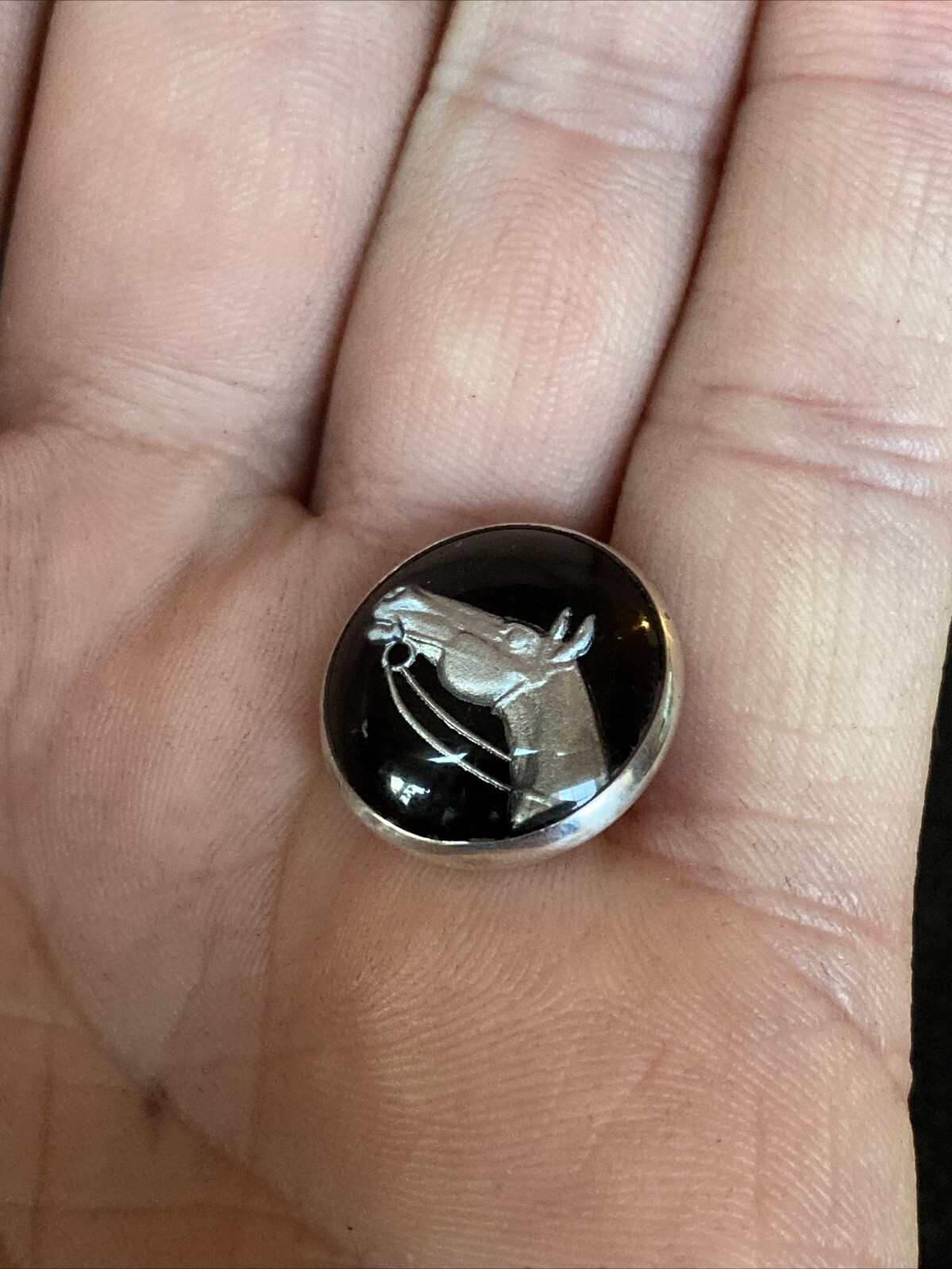 Antique Bubble Goofus Glass Reverse Painted Carved Intaglio Horse Equestrian Pin