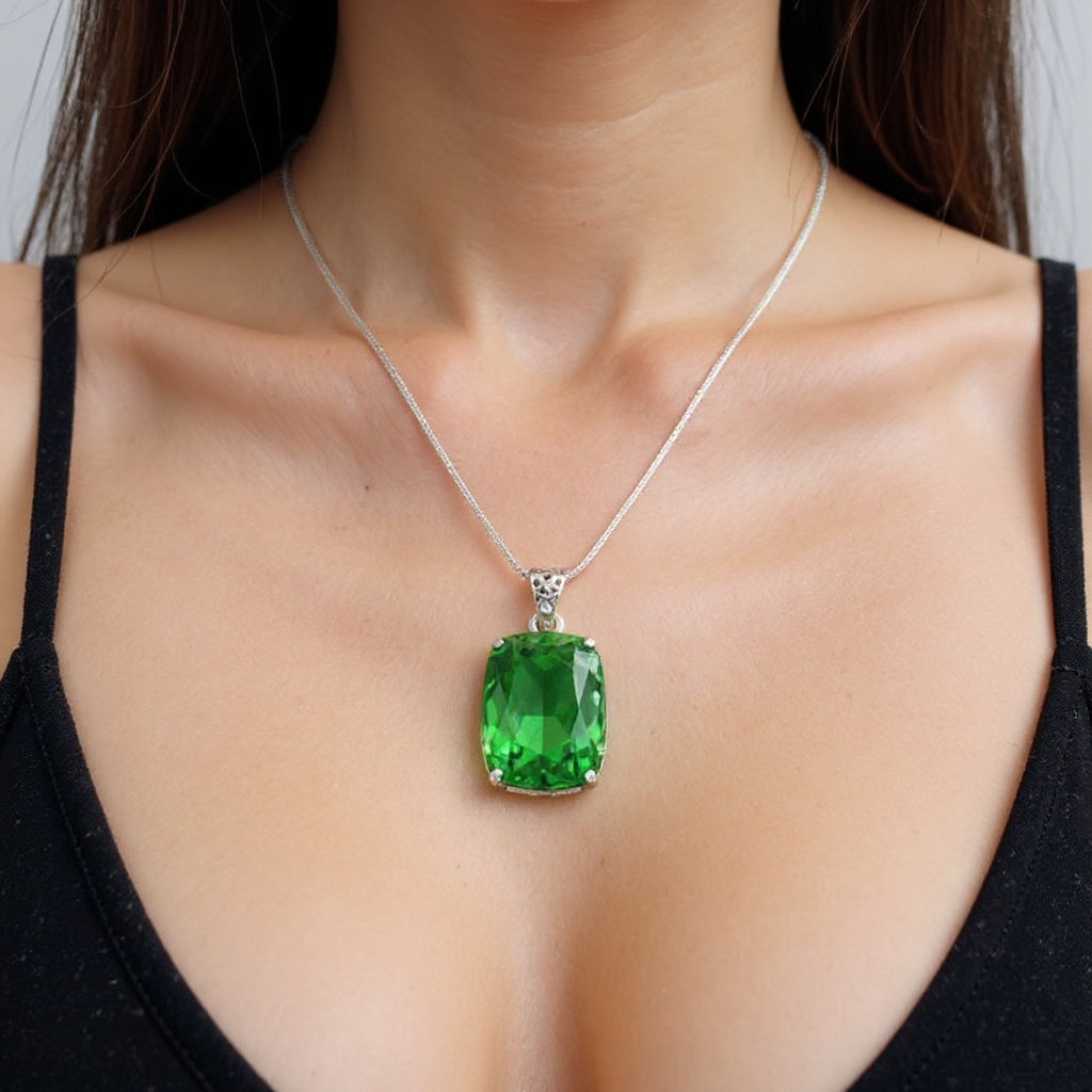 High Quality 80-90 Carat Cushion Cut Emerald Gemstone Silver Pendant With Chain