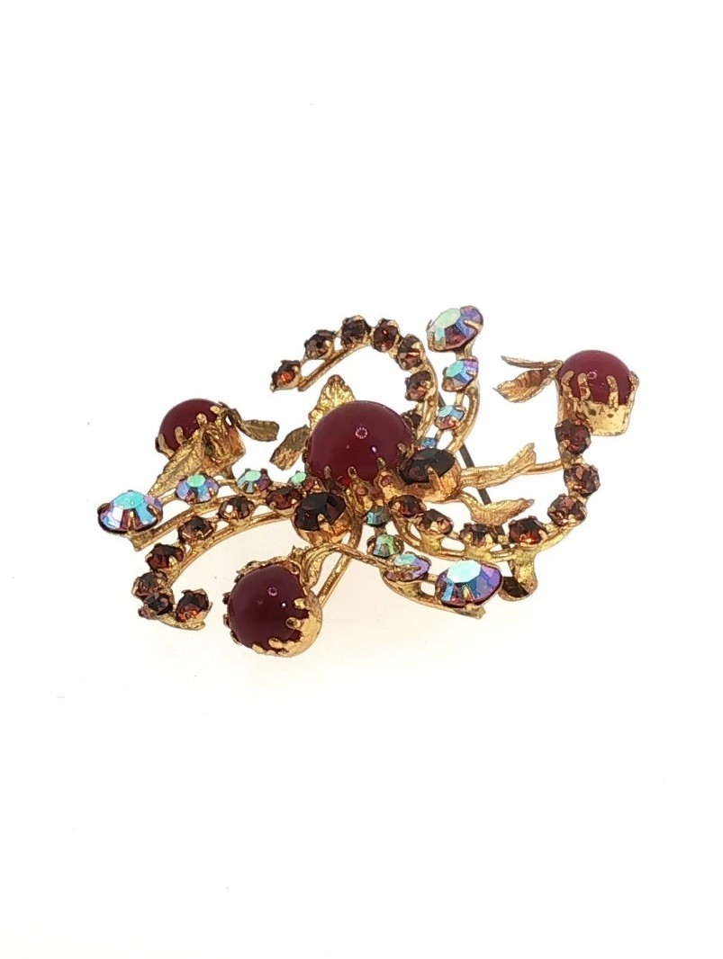 Vintage 1950s Austrian Red Cabochon Brooch — Layered Floral Spray