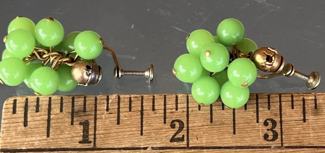MCM Lime Green & Gold Bead Necklace with Matching Clip On Earrings Vintage Set