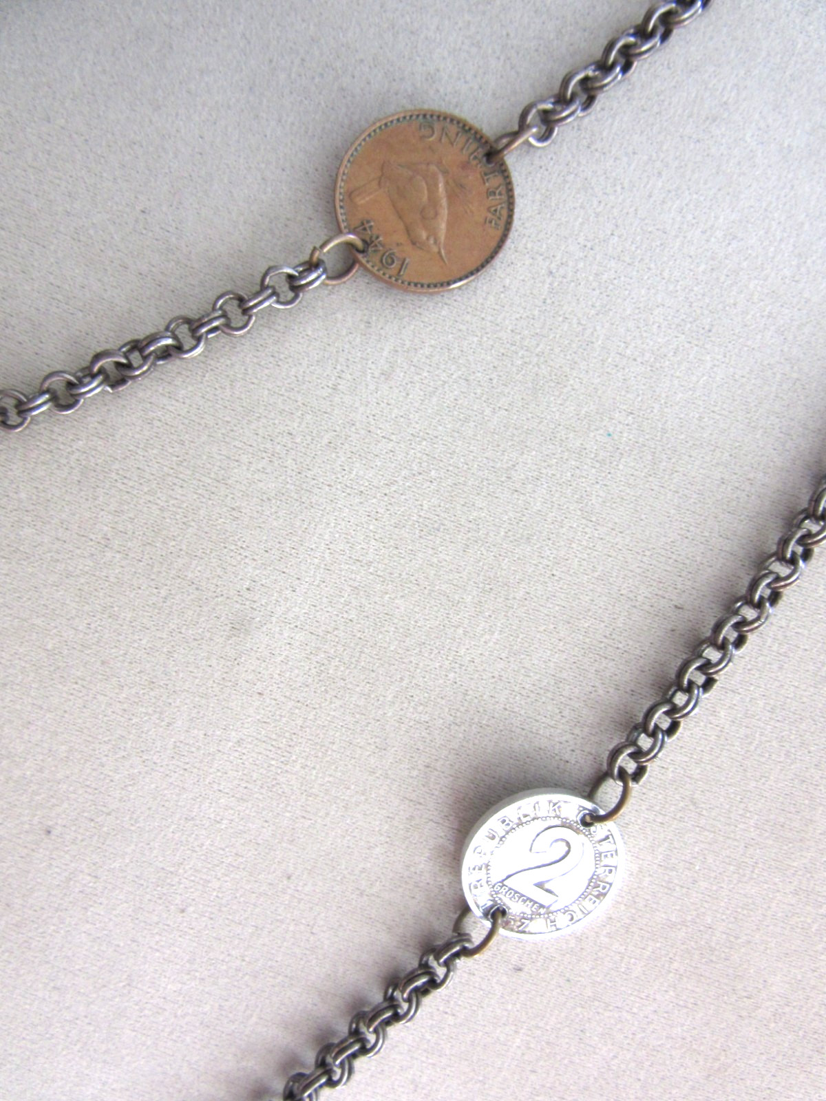 Vintage Travel 1950s Coins stations 54″ long chain necklace with 11 coins