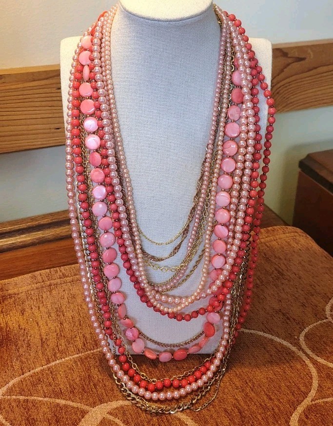 VTG Park Lane Faux Coral Gold Tone Waterfall Necklace Peach Shell Multi Strand