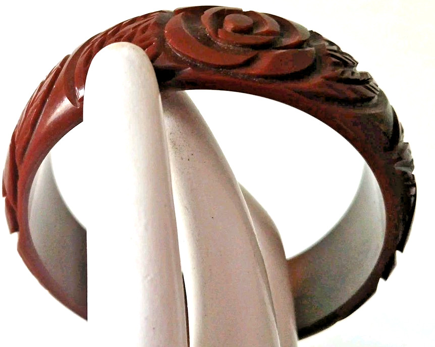 Vtg 1940’s Bakelite Bangle Bracelet Deeply Carved Brown Flower Leaves Tested