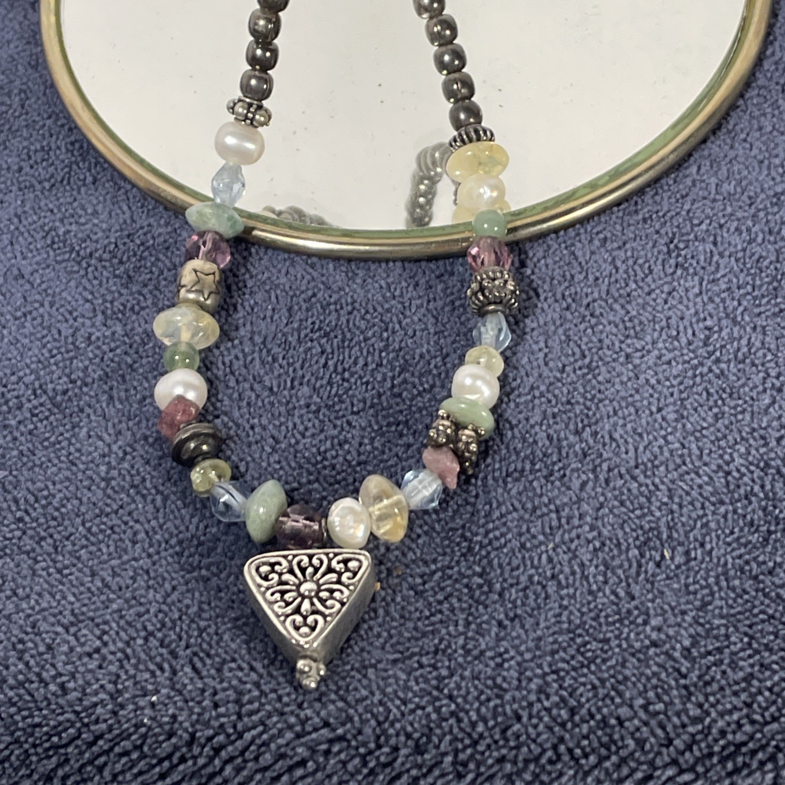 Sterling Silver Pastel Colors & Silver Bead Necklace Southwest 925 16.5″ Long