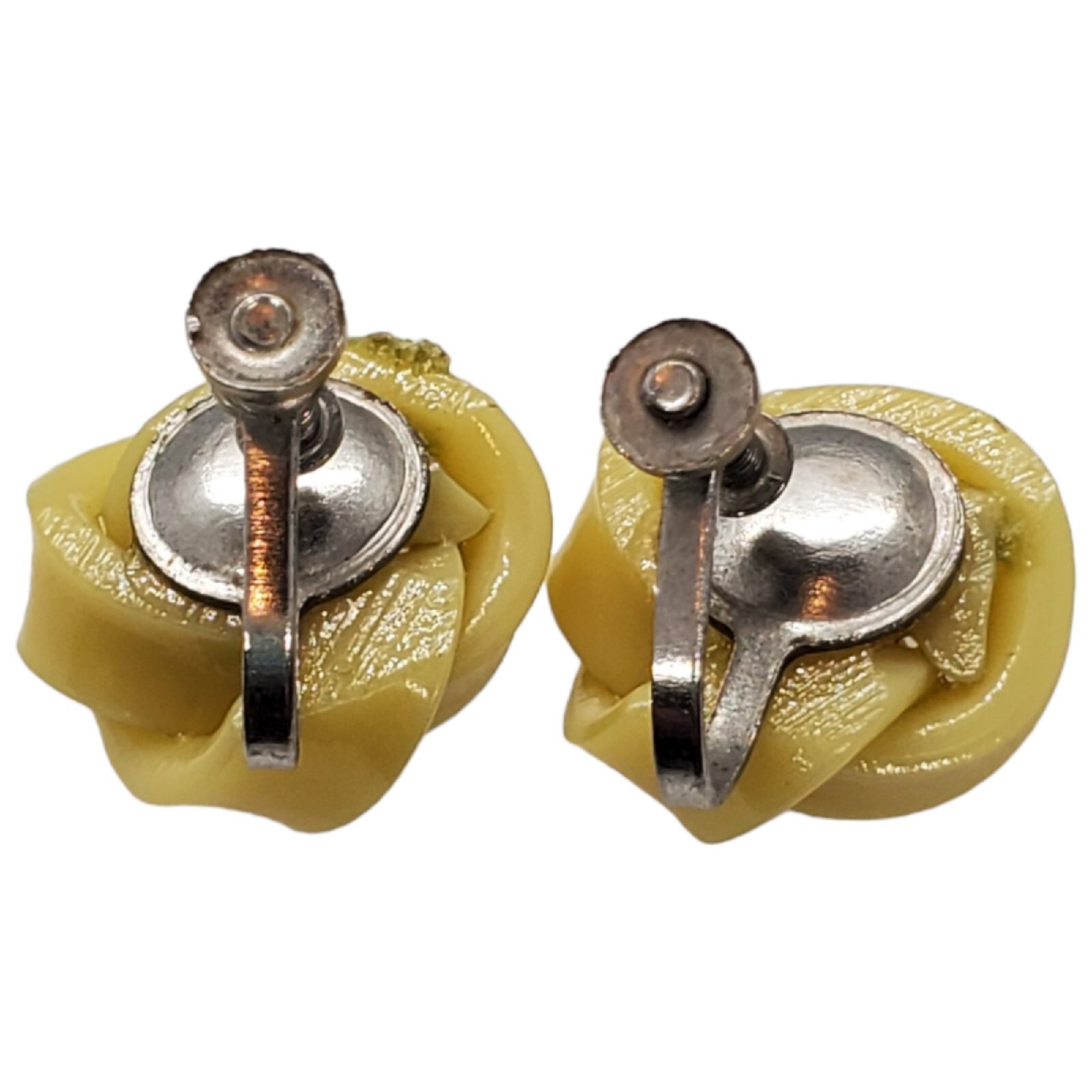 Vintage Celluloid Screw Back Earrings Yellow Rose Knot Silver Tone .5″