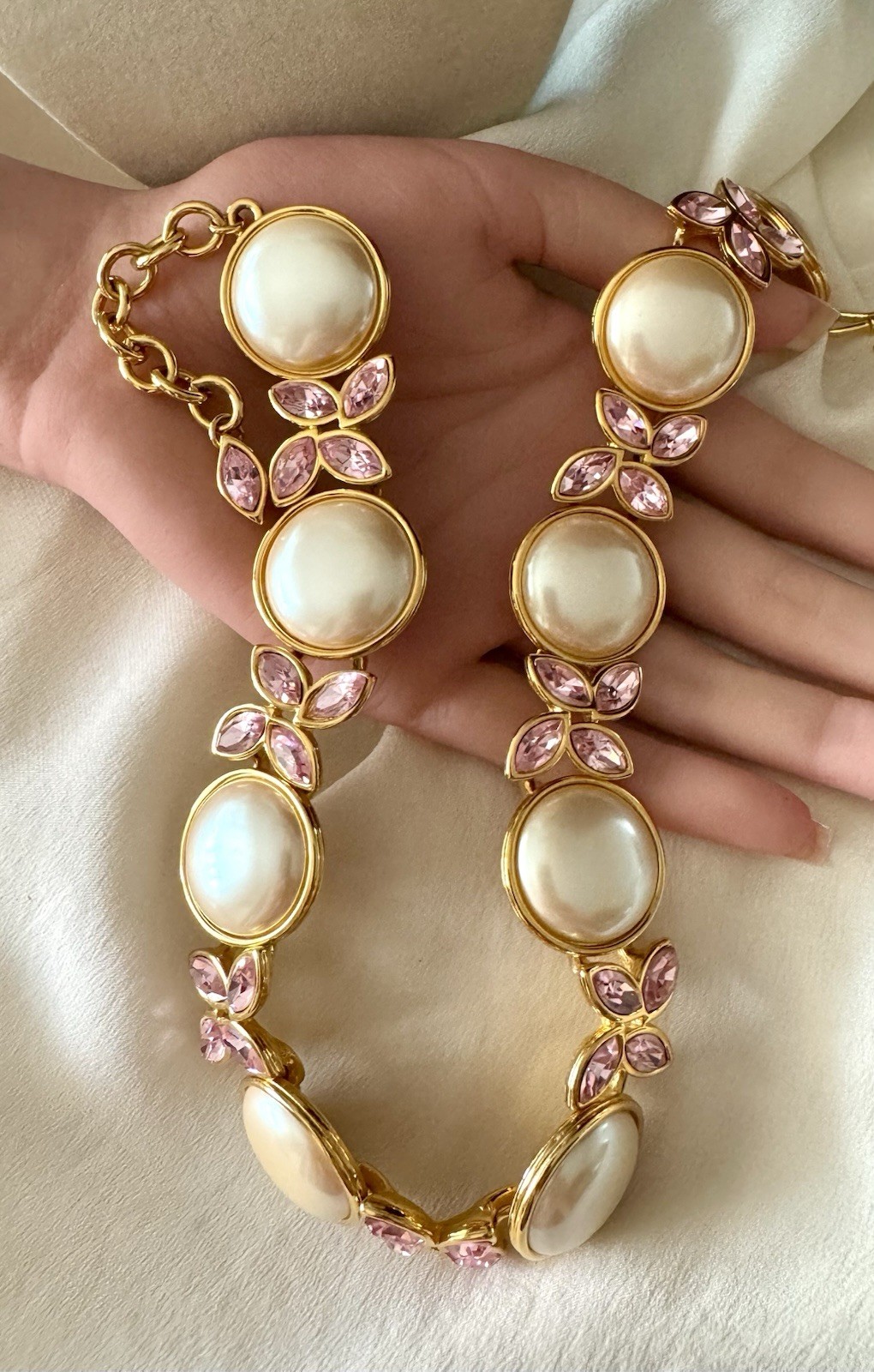 Vintage Monet Runway Necklace Faux Pearls Pink Crystal Gold Tone Statement