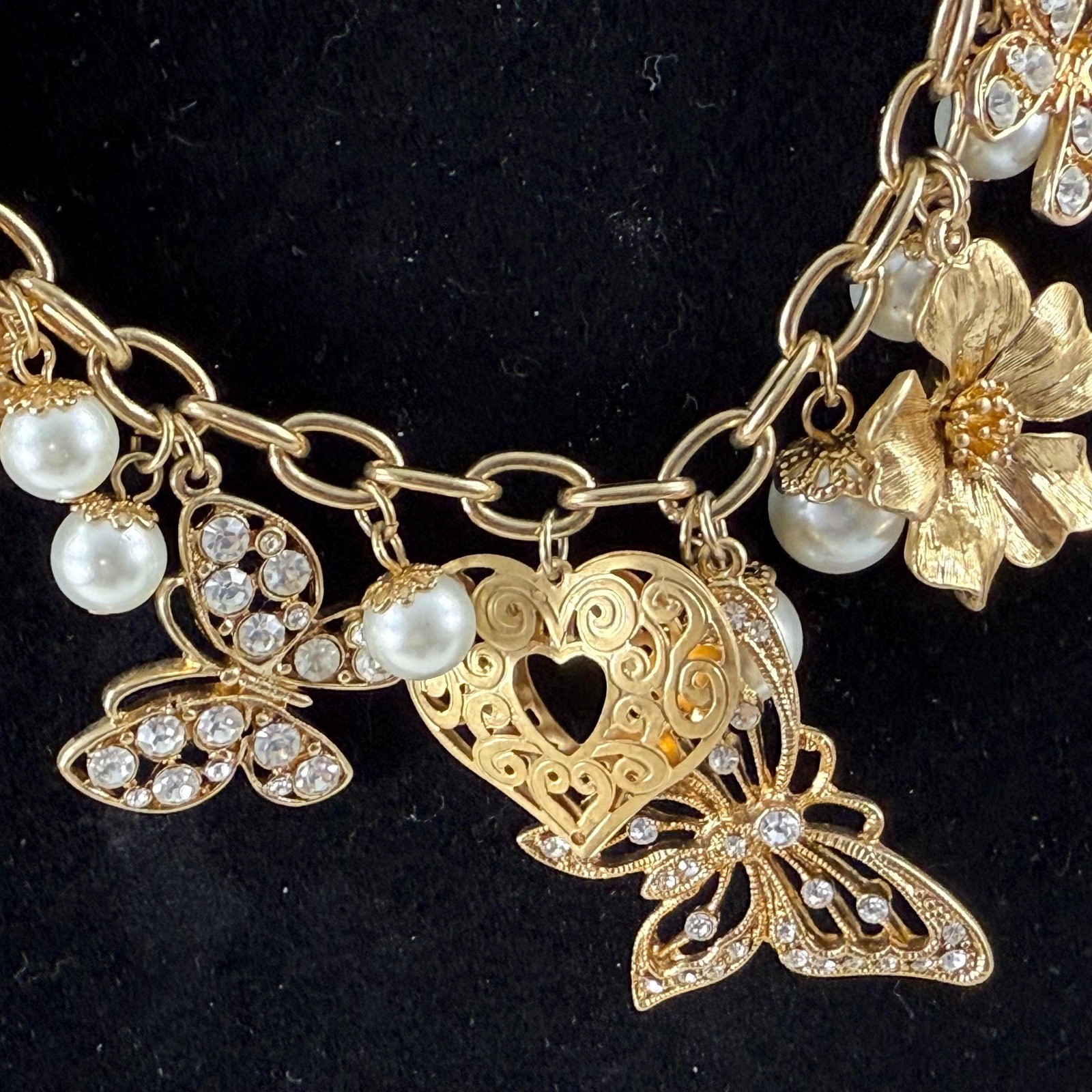 Vintage 1990's Era Charm Style Necklace Butterflies, Hearts and Flowers
