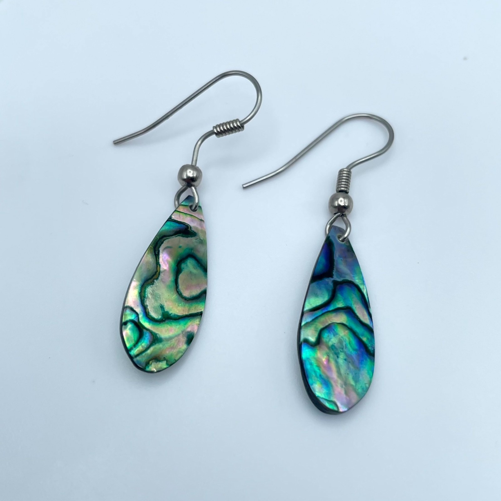 Vintage Silver-Tone Iridescent Paua Abalone Shell Teardrop Drop Hook Earrings