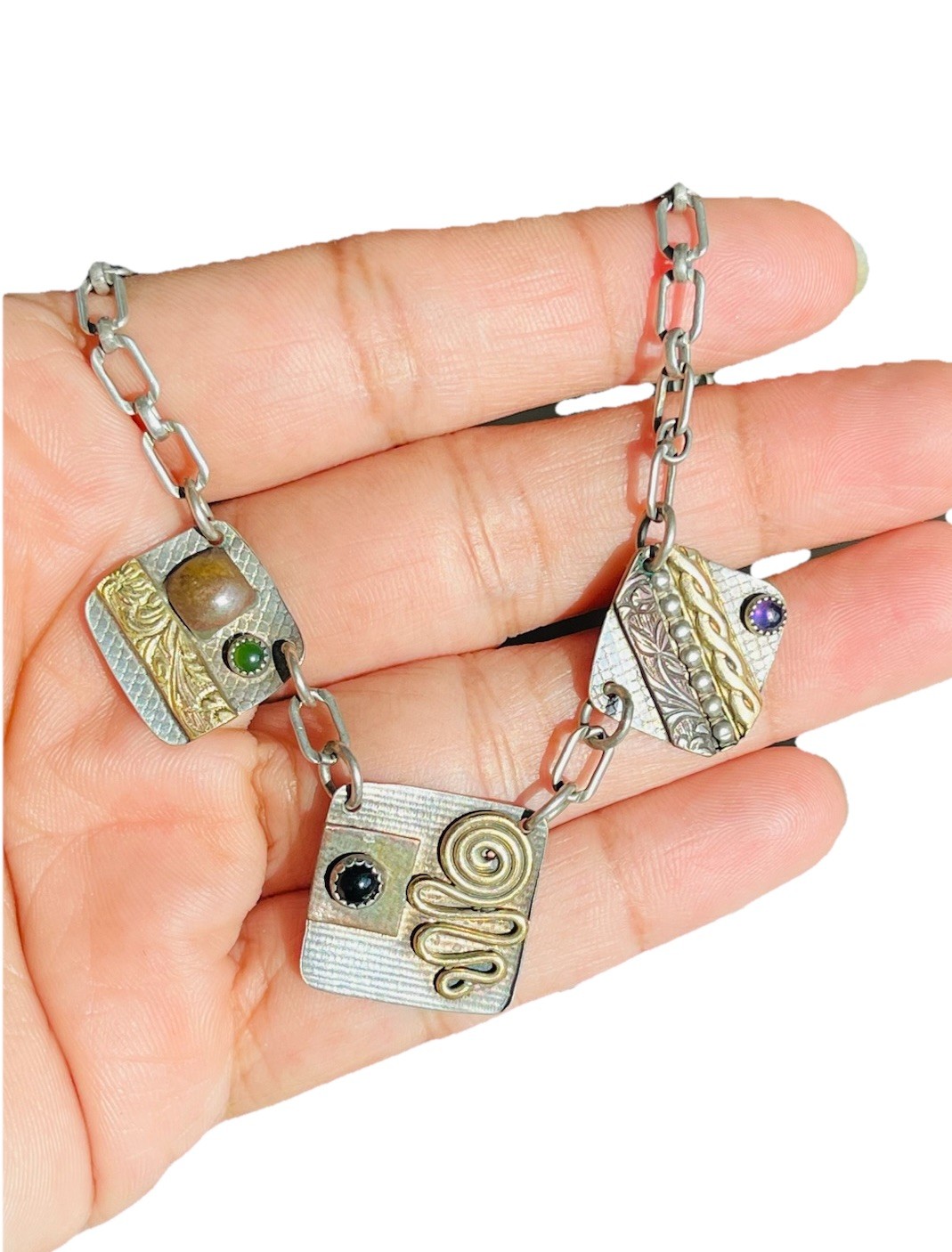 Vintage Signed MA Modernist Mixed Metal Sterling Silver Stone Link Necklace 20”