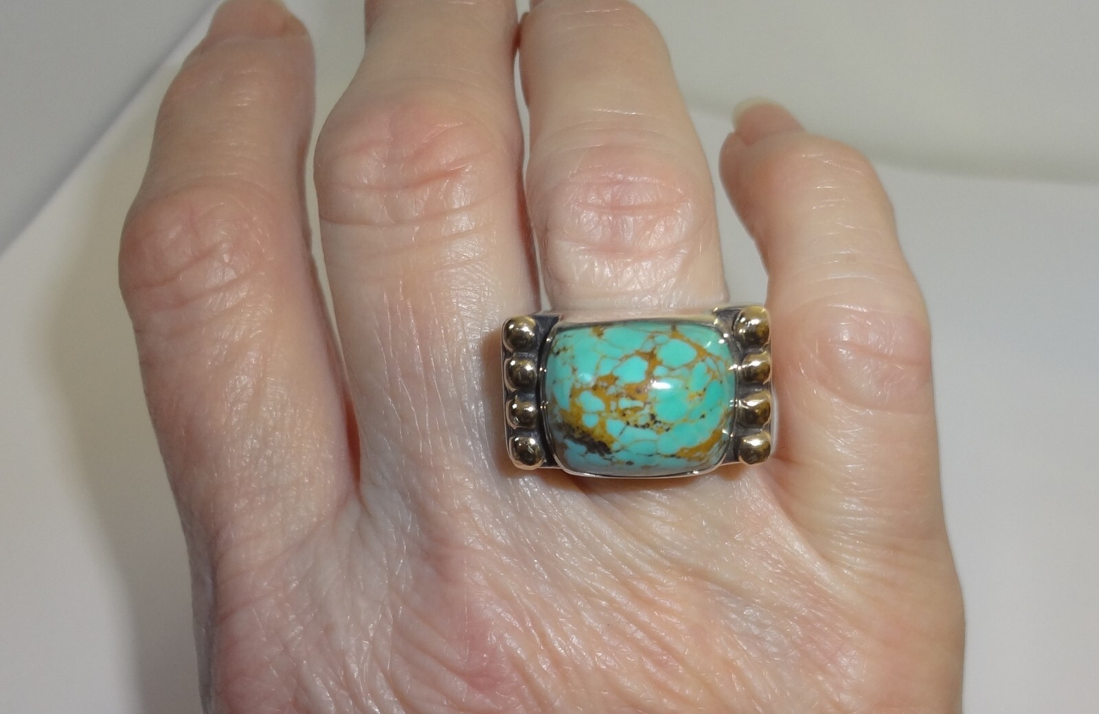DIAN MALOUF 14K Yellow Gold Sterling Silver Turquoise Ring Size 5.25