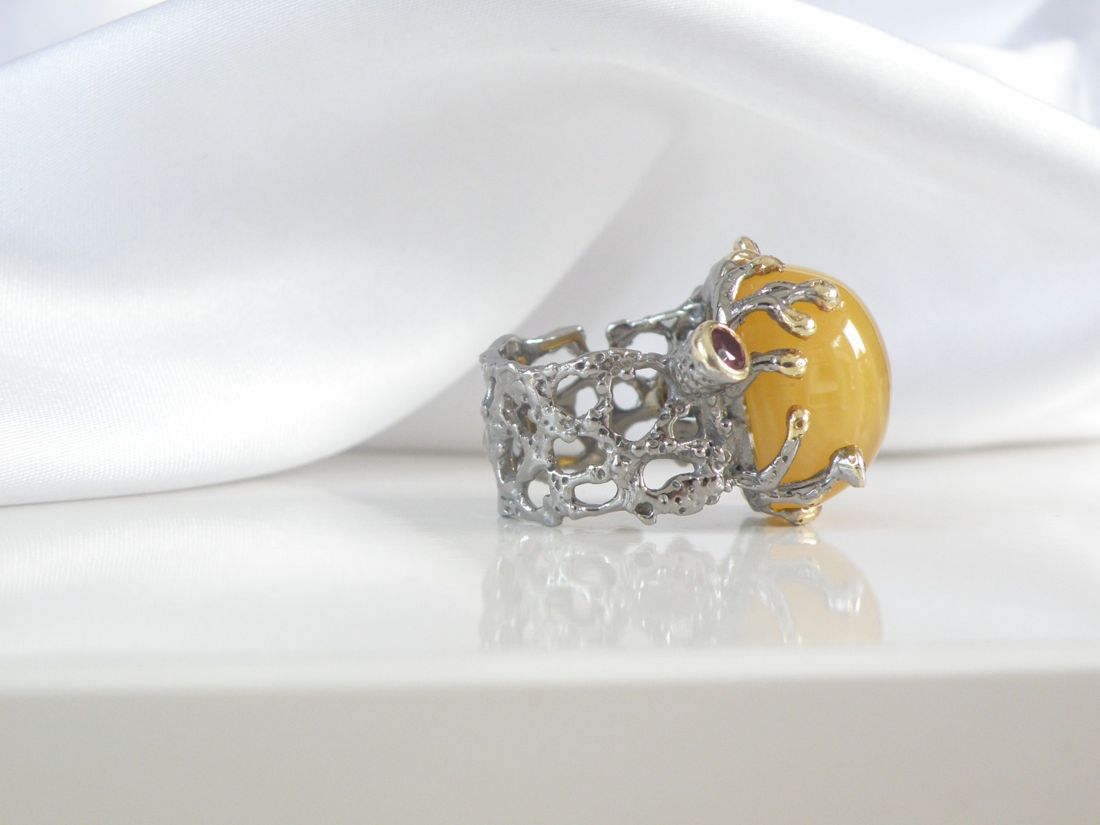 Brutalist Sterling Silver 925 Huge Butterscotch Amber Modern Statement Ring 7.5